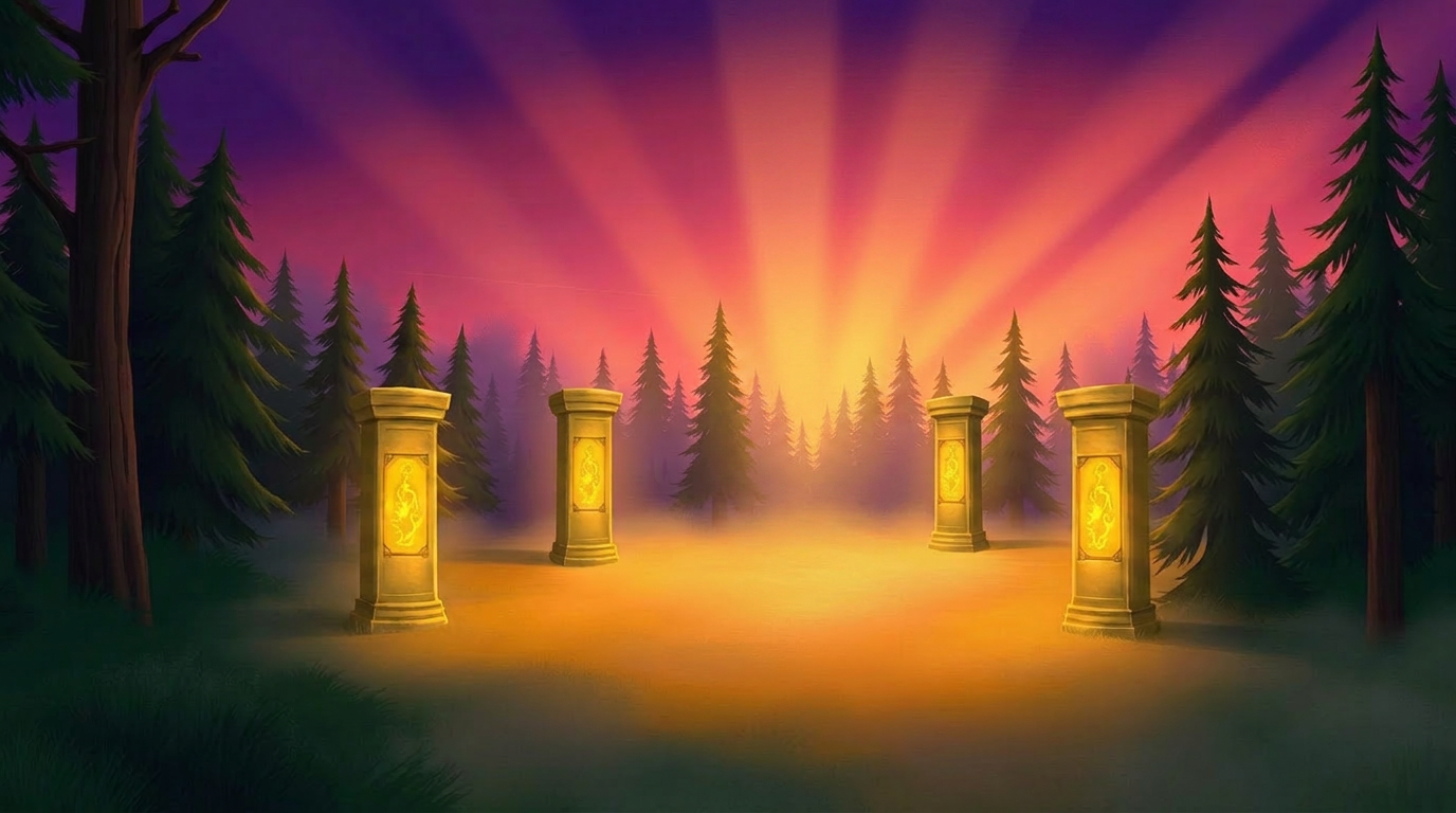Glowing magic pillars in a misty enchanted forest at golden hour